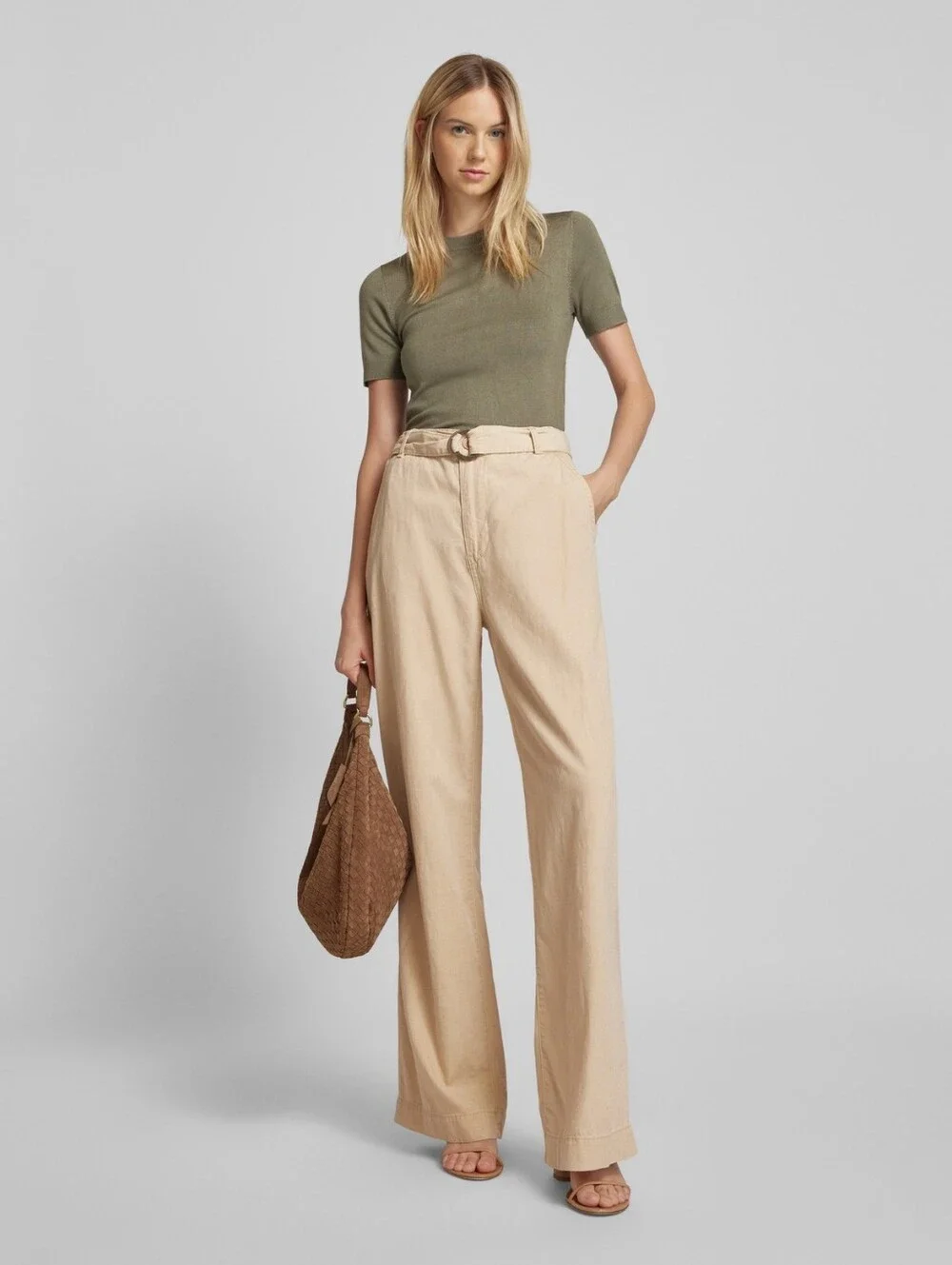 Mango Lyocell Linen Blend Wide Leg Pants Beige Size S